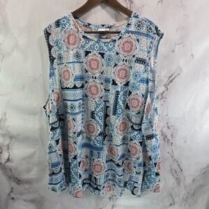 J Jill Shirt Womens 4X Blue Tank Top Love Linen Patchwork Mandala Geometric